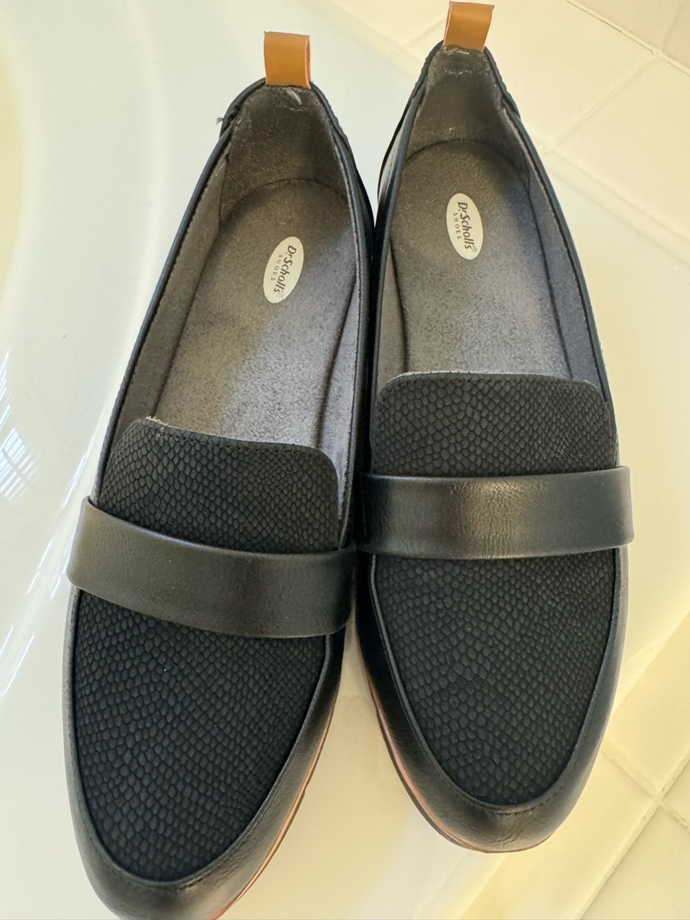 Dr. Scholl's Black Textured Penny Loafers with Tan Pull Tab